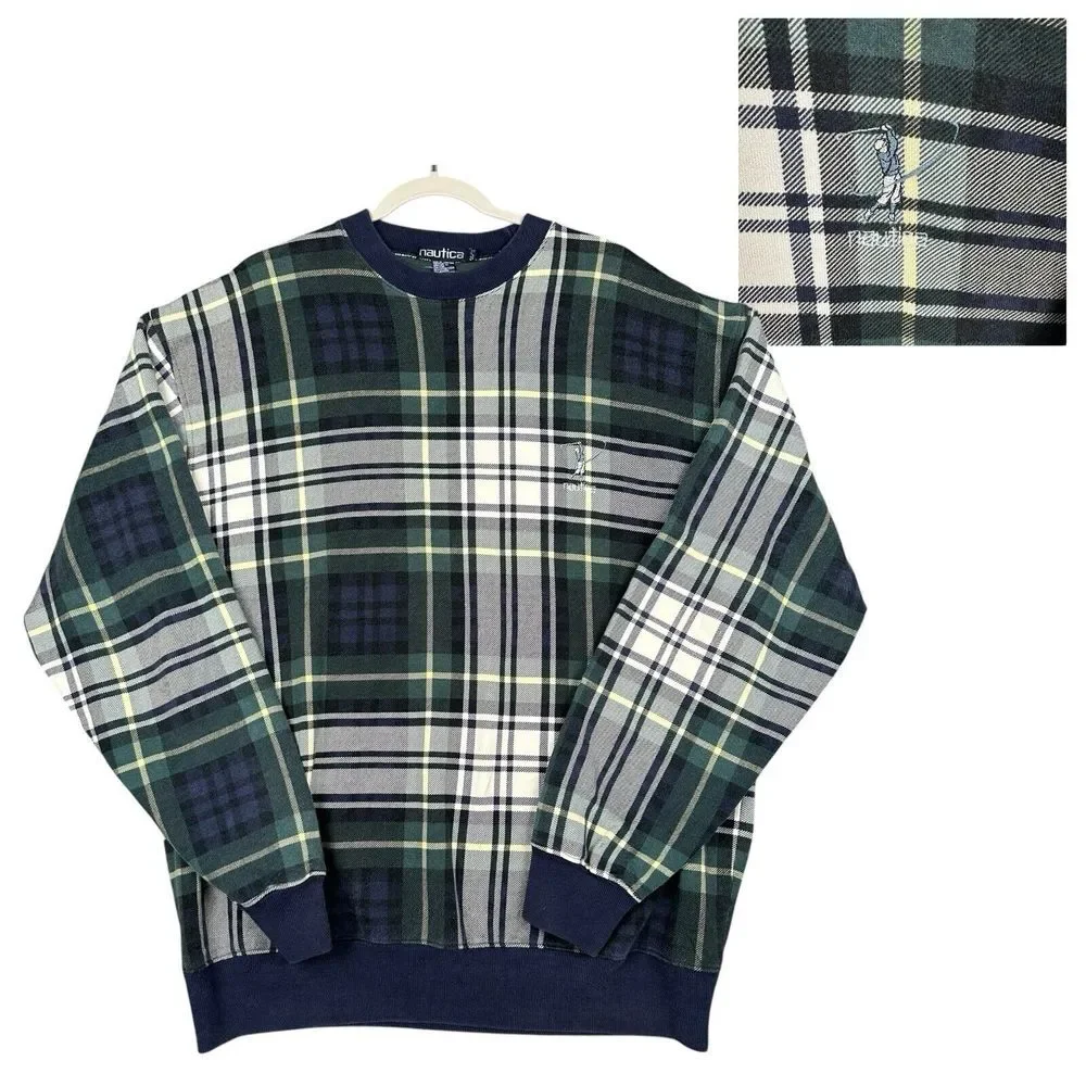 VTG Nautica Fleece Pullover Sweater Men XL Plaid 90s Sweatshirt Golf Embroidered